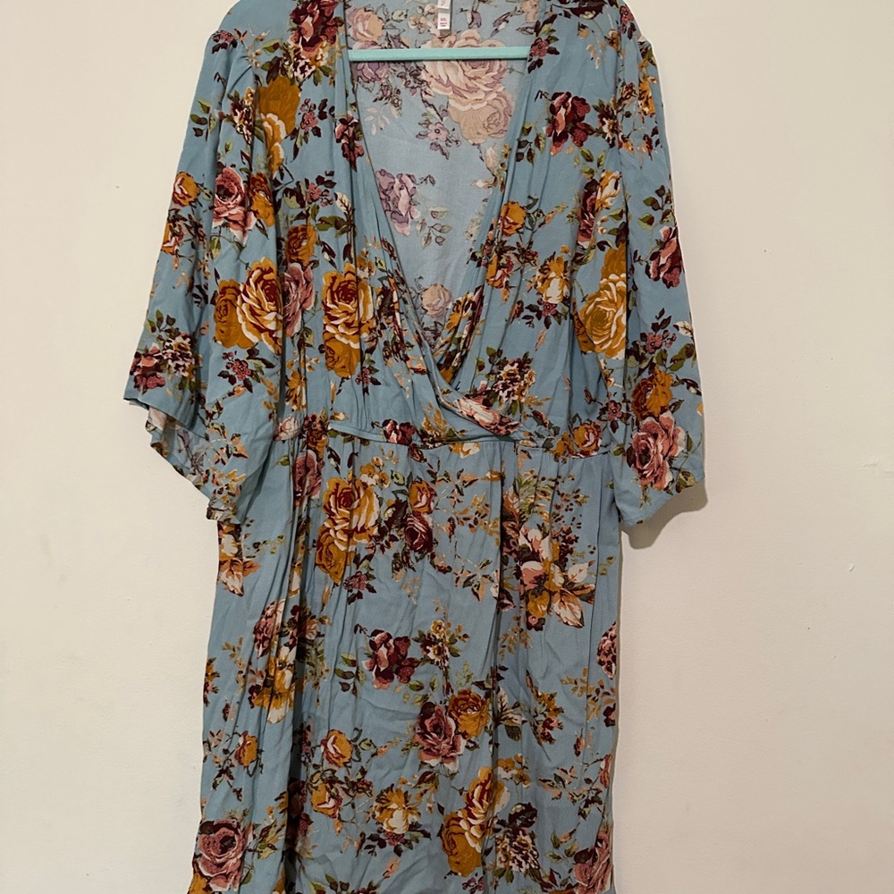 Floral Print Kimono Faux Wrap Dress in Dusty Blue with Vintage Rose Pattern
